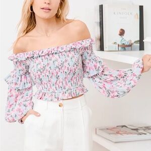 Lulu’s What a Joy Blue Floral Print Smocked Off-the-Shoulder Crop Top Size Mediu